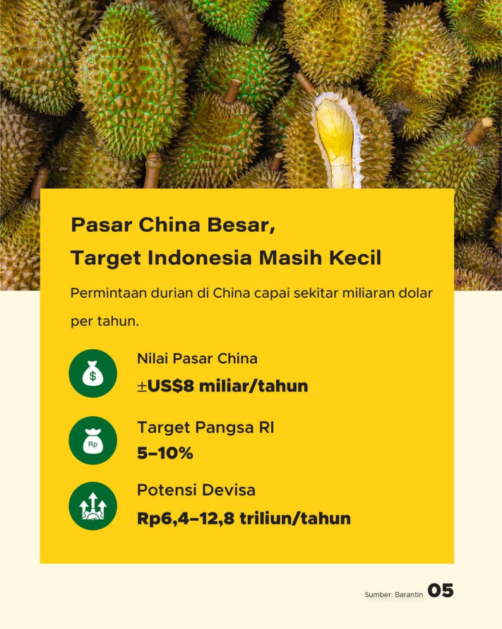 Indonesia Ekspor 4.077 Ton Durian ke China, Total Senilai Rp377,5 Miliar